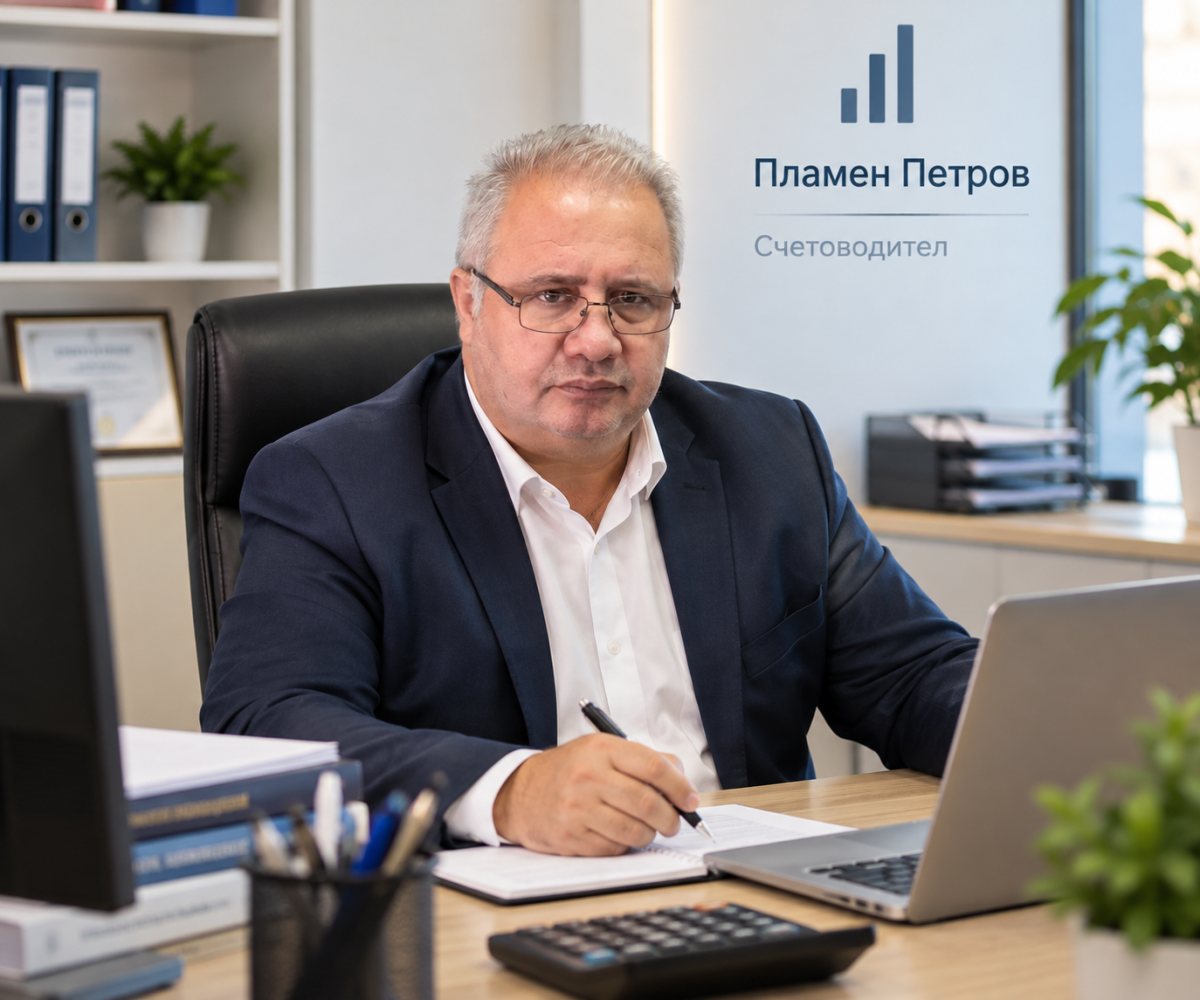Счетоводител Пламен Петров в офиса си в центъра на София